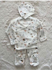 Resim Uçak Desenli Kendinden Eldivenli 3 Lü Patikli Takım Ekru 