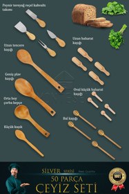 Resim MONTESEV Zambak 50 Li Ahşap Ağaç Tahta Kaşık Oklava Merdane Mutfak Bıçak Silver Serisi Çeyiz Seti 