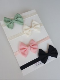 Resim swan butik Kız Çocuk Bebek Fiyonk Bandana Toka Seti Krem Mint, Pembe Siyah, Siyah 