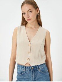 Resim Koton Crop Yelek V Yaka Düğmeli Standart Kesim Bej 4sak30035pw Ekru 