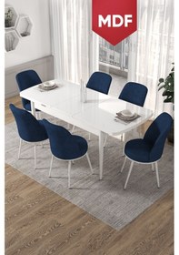 Resim Canisa Concept Kor Serisi 70x114 Açılabilir Mutfak Masası Takımı Beyaz Masa 6 Siyah Sandalye Masa Beyaz 6 Lacivert Sandalye 
