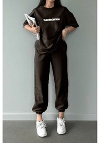 Resim Thatssofetch T-shirt Eşofman Altı Jogger - Kahve Baskı Alt Üst Eşofman Takımı Oversize Bisiklet Yak Koyu Kahverengi 