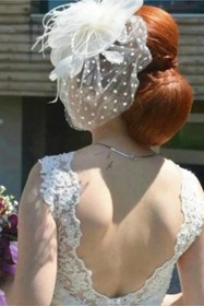 Resim Limelia Beyaz Puantiyeli İncili Gelin Kepi Nikah Şapkası Vualet Damat Yaka Çiçeği Ve Tüylü Kalem 3'lü Set 