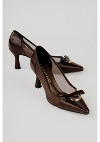 Resim Kadın Stiletto Fiyonk Toka File Detaylı Sivri Burun Topuklu Ayakkabı Nerina Kahve Kahverengi 