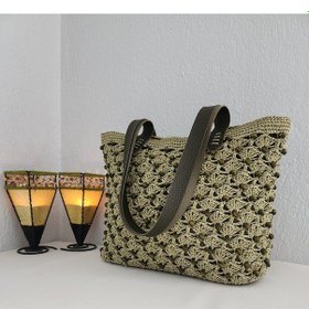 Resim Fikriharika Design Ahşap Boncuklu, Kağıt İp, Kadın Omuz Çantası Yeşil 