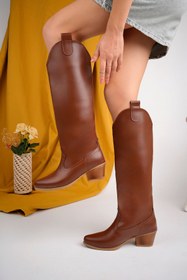 Resim Favi Ayakkabı Taba Deri Dizaltı Fermuarsız Western Tarzı Günlük Kadın Çizme 