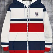 Resim Erkekler için Casual Çizgili Kapüşonlu Sweatshirt Ceket, Kartal Logolu, Lacivert & Kırmızı Renk Blok Tasarım, İp Bağcıklı Kapşon ve Cepli - İlkbahar/Sonbahar Dış Mekan Giyim, Pürüzsüz Kumaş, Dayanıklı Kumaş 