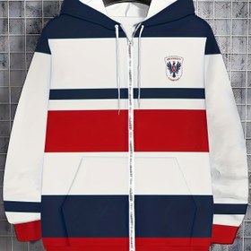 Resim Erkekler için Casual Çizgili Kapüşonlu Sweatshirt Ceket, Kartal Logolu, Lacivert & Kırmızı Renk Blok Tasarım, İp Bağcıklı Kapşon ve Cepli - İlkbahar/Sonbahar Dış Mekan Giyim, Pürüzsüz Kumaş, Dayanıklı Kumaş 