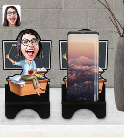 Resim Bk Gift Kişiye Özel Kadın Öğretmen Karikatürlü Ahşap Biblo Telefon Standı-2 