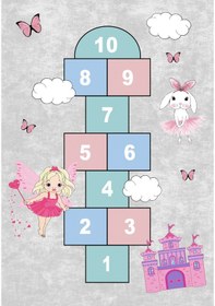 Resim Dijital Baskılı Dekoratif Kaymaz Taban Yıkanabilir Kız Çocuk Seksek Temalı Modern Çocuk Halısı Gri 