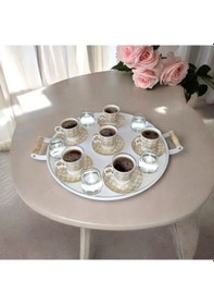 Resim Tepsi Seti Ahşap Kulplu Metal Çay Tepsisi Kahve Tepsisi Sunum Kah 