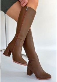 Resim Düz Yandan Fermuarlı Diz Altı Çizme Bej Topuk Boyu 7 Cm Vizon 