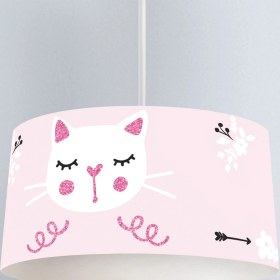 Resim instababyrooms Pembe Kedi ve Çiçek Desenli Çocuk Odası Dijital Baskılı Sarkıt Avize 