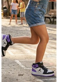 Resim In Step Eveji Mor Beyaz Çocuk Basketbol Ayakkabısı - Yüksek Bilekli Cırt Cırtlı Sneaker Mor-beyaz 
