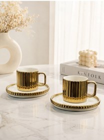Resim 2 Kişilik Porselen Çizgili Modern Kahve Fincanı Takımı Seti 100ml Gold 