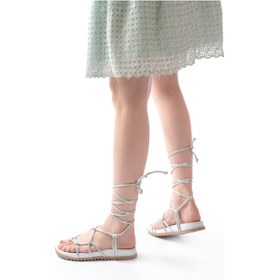 Resim 1001-1001 Beyaz Gümüş Bilekten Bağcıklı Kadın Sandalet Altın - Taba 