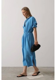 Resim Defymoda Beli Lastikli Elbise - Mavi Mavi 