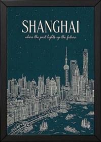 Resim Shanghai Line Art Print - Teal Oriental Pearl Tower The Bund Skyline Wall Art - Wooden Frame - White / 24 x 36" (60x90 cm) 