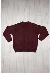 Resim Woolen World Ön Cepli V Yaka Battal Büyük Boy Düğmeli Yünlü Triko Hırka Bordo 