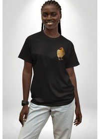Resim Tavuk Siyah Oversize Unisex Ön Sol Yan Minimal Baskılı Tişört Koyu Siyah 