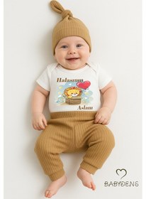 Resim Babyden's Halasının Aslanı Baskılı 3 Lü Bebek Takımı Pamuklu Şapka,pantolon ,kısa Kollu Zıbın Body Kahverengi 