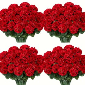 Resim 120 Adet UV Dayanıklı İmitasyon Sardunya Çiçekleri - Canlı Kızıl Gerçekçi Şakalar, Yemyeşil Yeşillikli Sağlam Plastiktir. İç ile Dış Mevsimlik Süsleme ihtiyacınız varsa: dükkanlar, ön bahceler ve ev dekoru. Pil/Elektrik Gereksinimi yoktur 