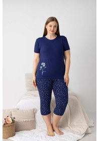 Resim Kadın Düğmesiz Bisiklet Yaka Viskon Kısa Kollu Kapri Pijama Takımı Basen Kapatır Tunik Boy Kapri Lacivert 