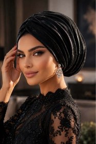 Resim Aişe tesettür Siyah Işıltılı Çift Katlı Drapeli Büzgülü Abiye Salaş Bone 