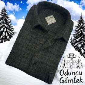 Resim Kışlık Pamuklu Uzun Kollu Kapaklı Çift Cepli Erkek Oduncu Gömlek Regular Kalıp Haki 