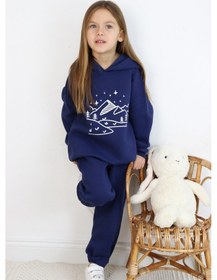 Resim 3 İp Baskılı Kapüşonlu Şardonlu İkili Takım Lacivert 