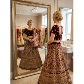 Resim Aashiv's Collection Gelinlik Hint Lehenga Choli Takımı Bordo Işlemeli 