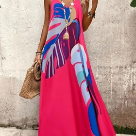 Resim Avrupa ve Amerika Casual Moda Sıcak Satış Yaz Gevşek Kolsuz V Yaka Baskılı Spagetti Askılı Elbise. 