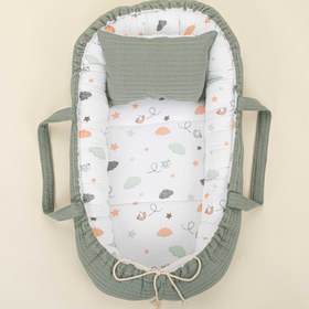 Resim Babynest ve Yastık- Çift Taraflı - Koyu Yeşil Örgü - Kuş 