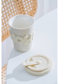 Resim Acar Ruby Silikon Kapaklı Porselen Kupa Krem - 380 Ml Krem 