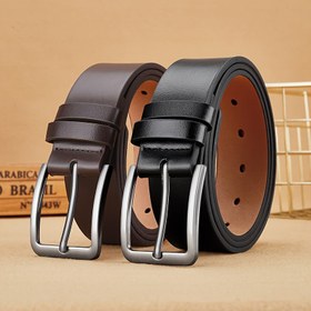 Resim 2 adet Erkek Vintage Deri Kemer, Kare Alaşım Toka, Suede Gerçek Deri Panel, Erkekler için Günlük Seyahat 