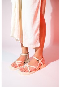 Resim Luvishoes Antas Bej Hakiki Deri Kadın Parmak Arası Sandalet Bej 