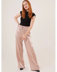 Resim Defymoda Parlak Görünümlü Cepli Bej Bol Paça Pantolon Bej 