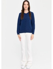 Resim Desen Triko Kadın Sıfır Yaka Triko Yün Hırka 21031 Indigo Indigo 