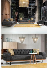 Resim Merly Chester Koltuk Takımı 3 3 1 & Genişleyebilir Kapitoneli Koltuk - Antrasit Keten Kumaş 