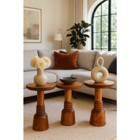 Resim Doğal Meşe Ahşap Mantar Sehpa 3lü Set Fiskos & Zigon Takımı 