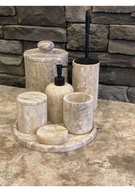 Resim Yeni Silver Gümüş Traverten 7'li Banyo Seti Çöp Kovası Kendinden Tutmalı Kulp Beyaz 