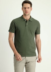 Resim Orta Haki Slim Fit Dar Kesim Nakışlı Pamuk Polo Yaka Tişört 