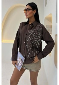 Resim Ay Figürlü Taş İşlemeli Poplin Gömlek 3440 Kahverengi 