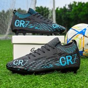 Resim CR7 Futbol Botları - Mavi ve Yeşil Çizgilerle Siyah, Kaymaz, Nefes Alabilen, Profesyonel Maç ve Eğitim Ayakkabıları, Tüm Mevsimler İçin Kullanılabilir, Dayanıklı Yapay Çim Takıları, PU/Kumaş Üst, TPU Taban, Bağcıklı Kapanış, Spor Botları|Profesyonel Futbol Botları| Bağcıklı Botlar 