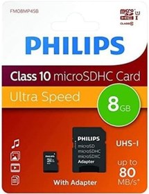 Resim Philips Fm08mp45b/00 8gb Class10 Uhs-ı U1 Tf Adaptörlü Micro Sdhc Hafıza Kartı 