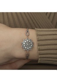 Resim 925 Ayar Gümüş Rose Çiçek Desenli Elmas Montür Bileklik 
