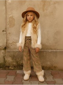 Resim Zekids Kız Çocuk Bel Lastikli Ekose Simli Bol Paça Pantolon-16207 Çok Renkli 
