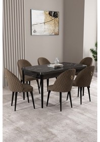 Resim Milas Siyah Mermer Desen 80x132 Mdf Açılabilir Yemek Masası Takımı 6 Adet Sandalye Kahverengi 