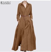 Resim Gri Zanzea Casual Turn Down Yaka Uzun Kollu Kadın Uzun Elbise S Gri 