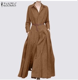 Resim Gri Zanzea Casual Turn Down Yaka Uzun Kollu Kadın Uzun Elbise S Gri 